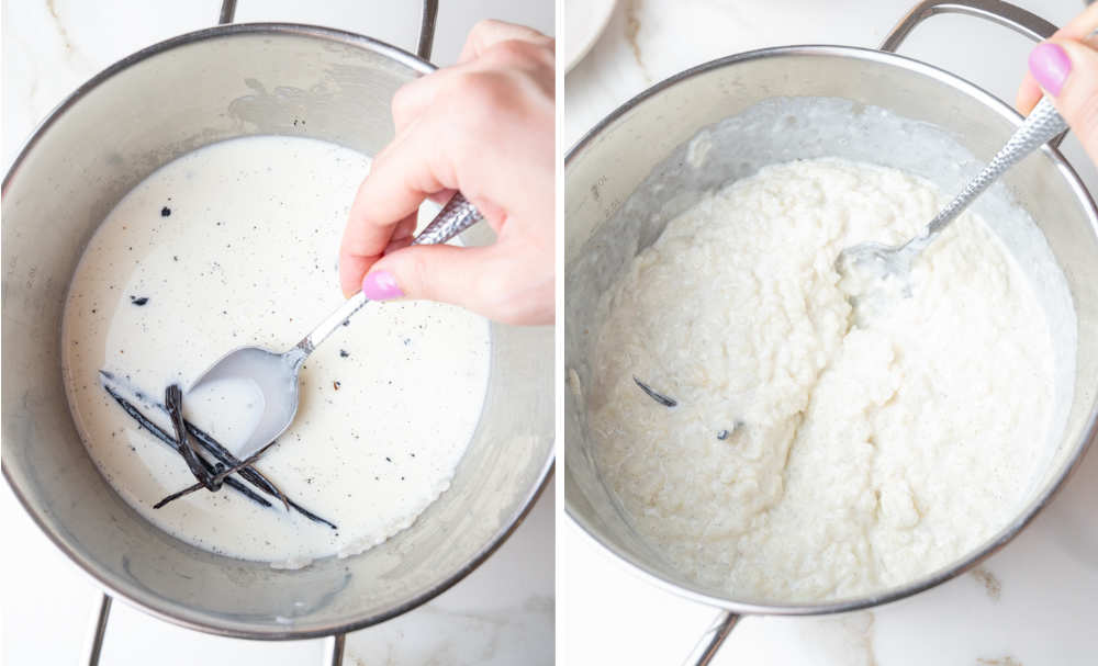 Vanilla pods are being added to a pot with milk and rice. Risalamande in a pot.