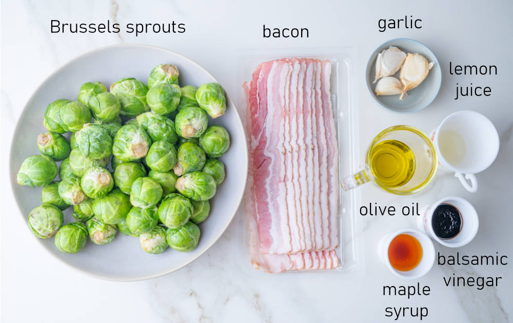 Labeled ingredients for roasted Brussels sprouts with bacon.