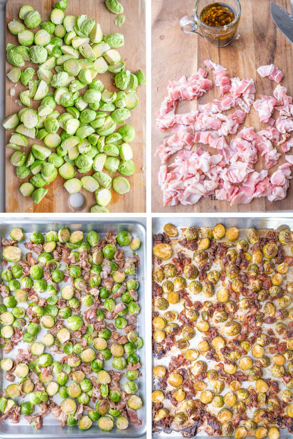 A collage of 4 photos showing four steps of preparing roasted Brussels sprouts with bacon.