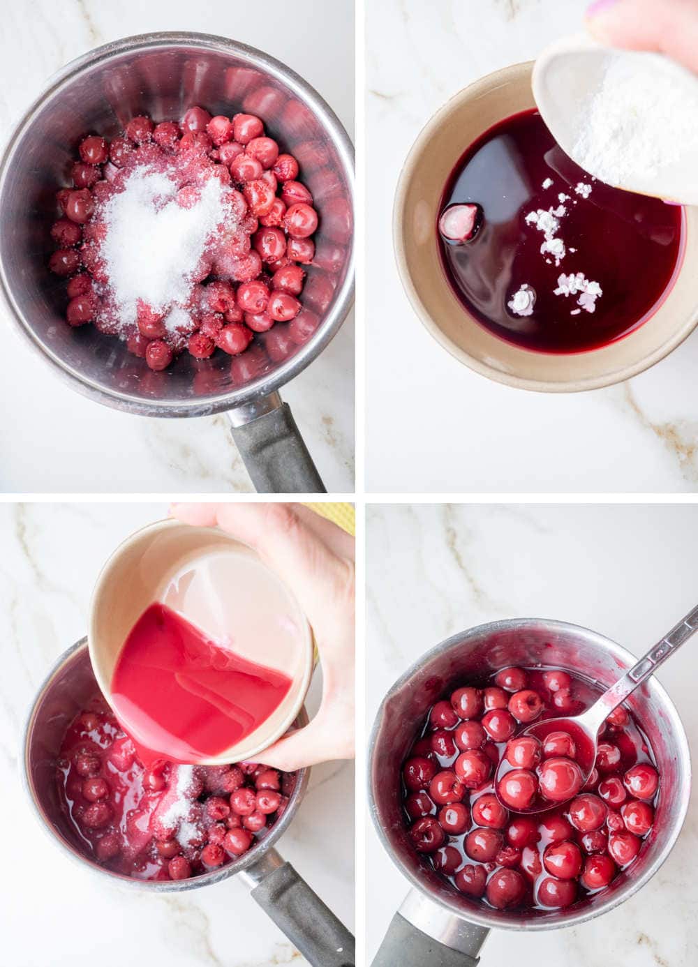 A collage of 4 photos showing how to make cherry sauce step-by-step.