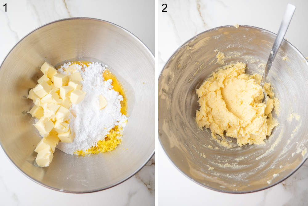 Ingredients for cookie dough in a bowl. Spritz dough in a bowl.