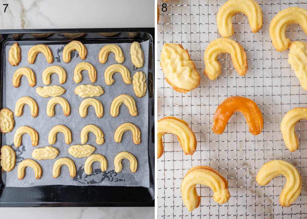 Baked Linzer Kipferl on a baking sheet. Linzer Kipferl on a cooling rack with apricot jam on top.