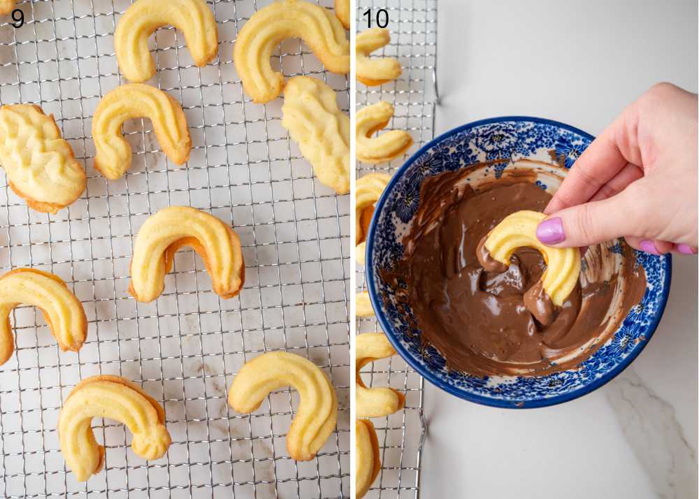 Linzer Kipferl with apricot jam on a cooling rack. Linzer Kipferl cookies are being dipped in chocolate.