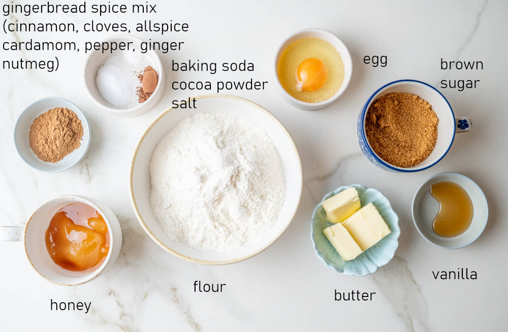 Labeled ingredients for Polish gingerbread cookies.