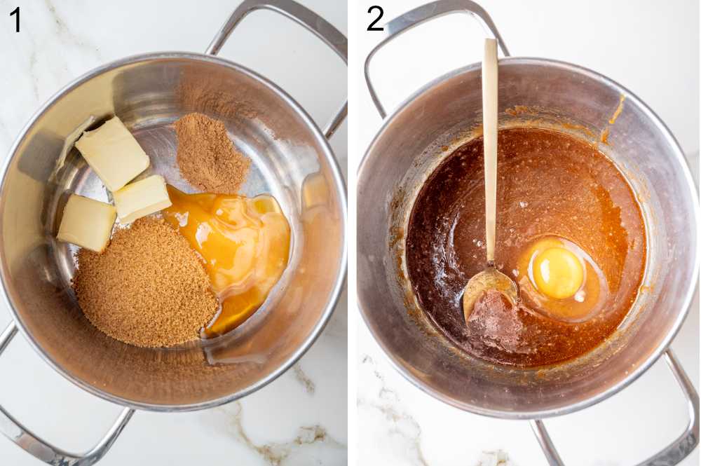 Butter, sugar, and honey in a pot. Melted sugar butter mixture with an egg in a pot.