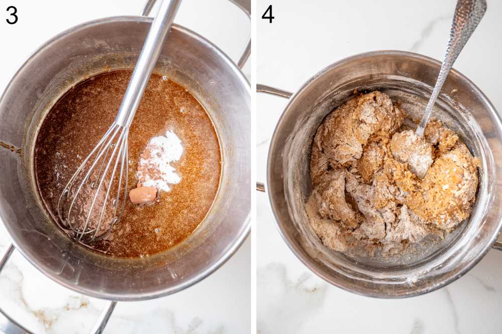 Melted sugar and honey mixture in a pot. Roughly combined dough ingredients in a pot.