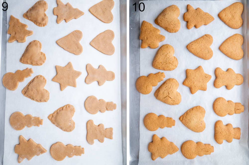 Gingerbread cookies ready to be baked on a baking sheet. Baked cookies on a baking sheet.