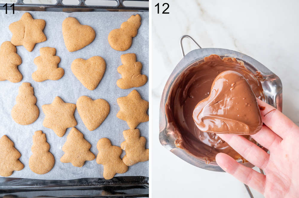 Baked pierniczki cookies on a baking sheet. One cookie dipped in chocolate glaze.