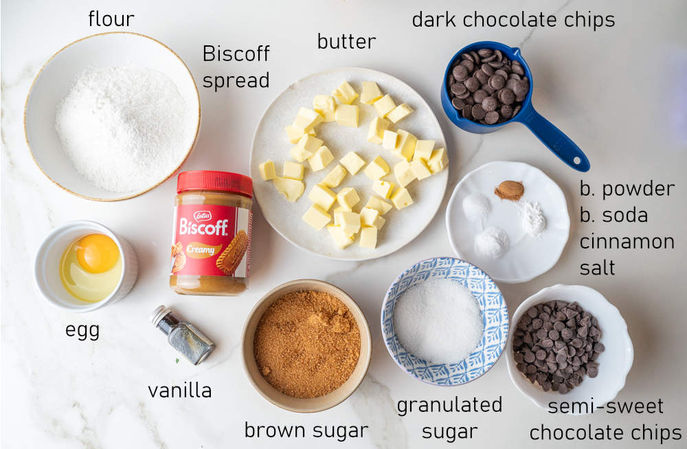 Labeled ingredients for Biscoff chocolate chip cookies.