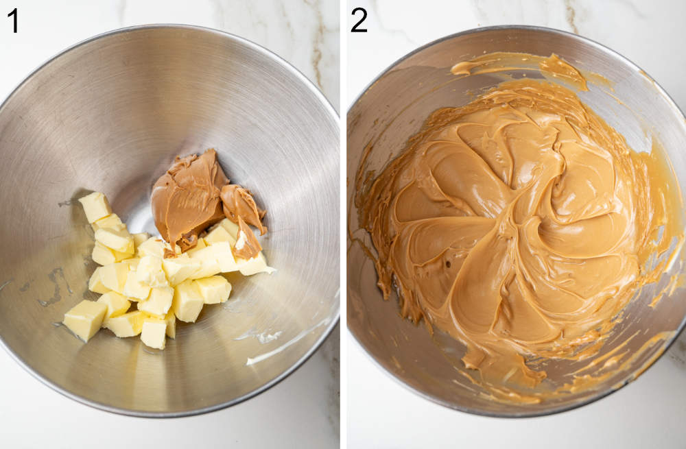 Butter and Biscoff spread in a metal bowl. Creamed butter and Biscoff spread in a bowl.