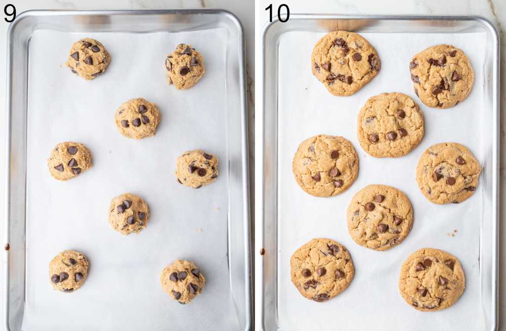 Cookie dough balls on a baking sheet ready to be baked. Baked Biscoff chocolate chip cookies on a baking sheet.