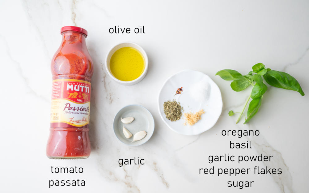 Labeled ingredients for pizza sauce.