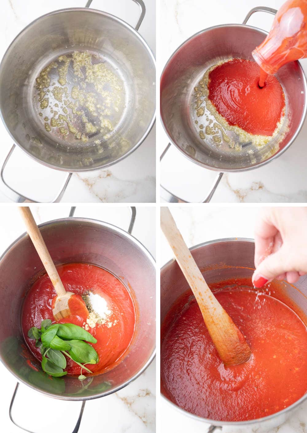 A collage of 4 photos showing how to prepare pizza sauce step by step.