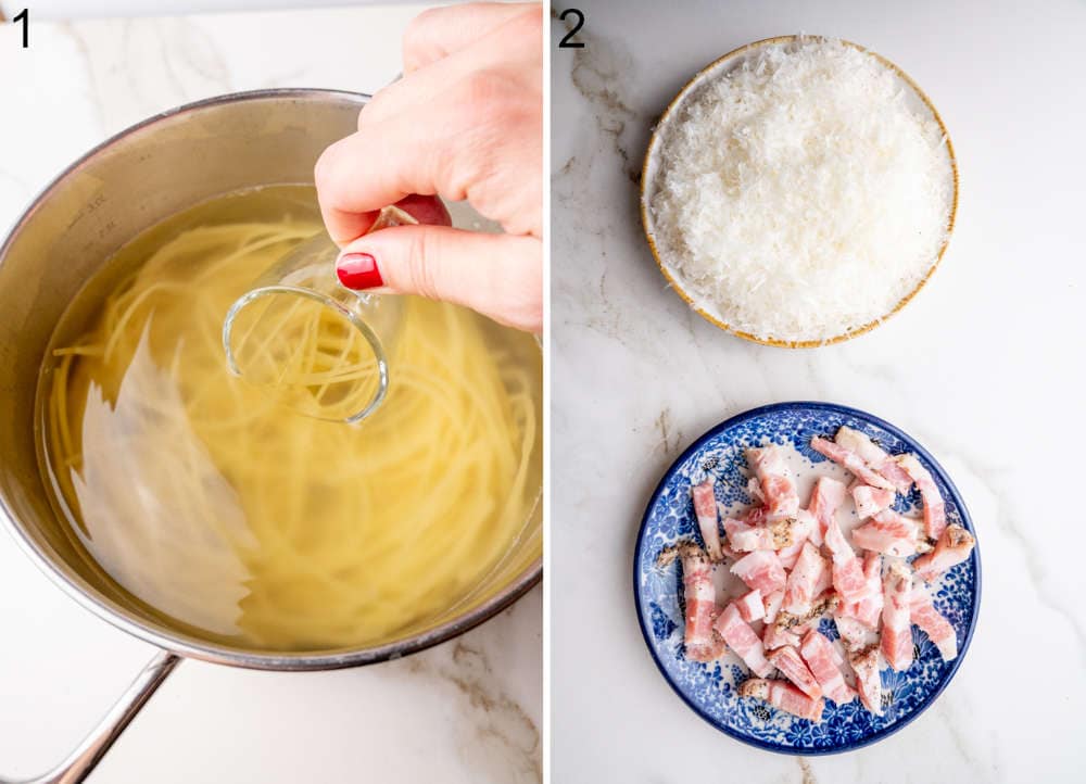 A two-panel image showing the preparation of spaghetti carbonara. On the left, spaghetti is being added to a pot of boiling water by a hand holding a small glass jar. On the right, two plates are displayed: one with finely grated cheese and the other with sliced guanciale ready for cooking.