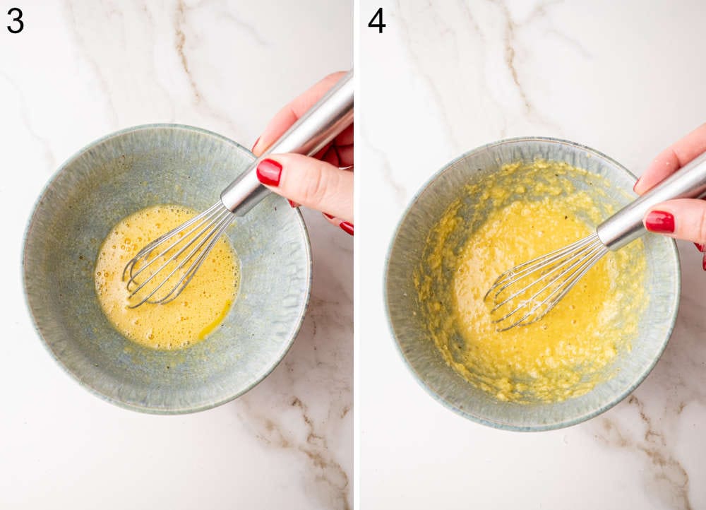 On the left, egg yolks and a whole egg are whisked together in a bowl. On the right, grated cheese is added to the egg mixture, creating a thick, creamy sauce base.