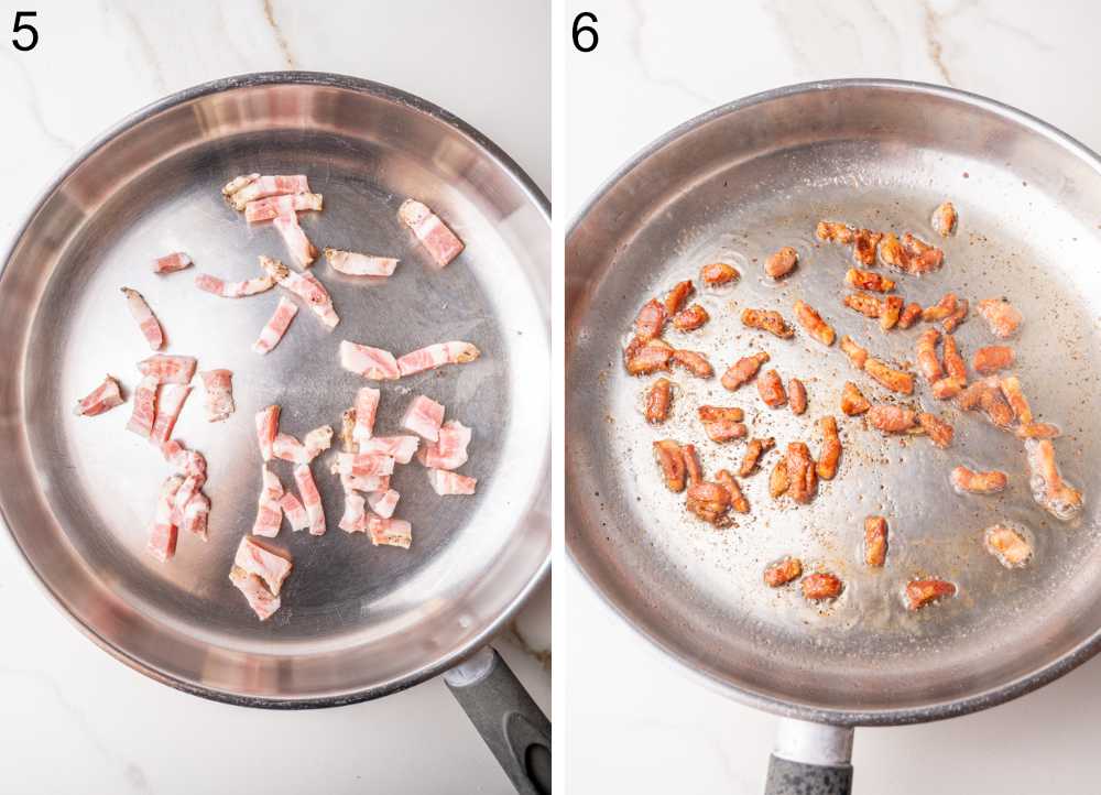 On the left, raw guanciale strips are placed in a frying pan. On the right, the guanciale is golden brown and crispy, ready to be added to the pasta.