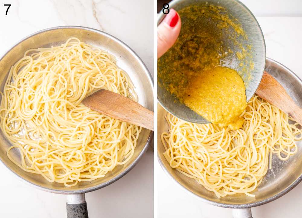 On the left, the cooked spaghetti is in the pan with a wooden spatula. On the right, the egg and cheese mixture is being poured over the hot pasta to create the sauce.