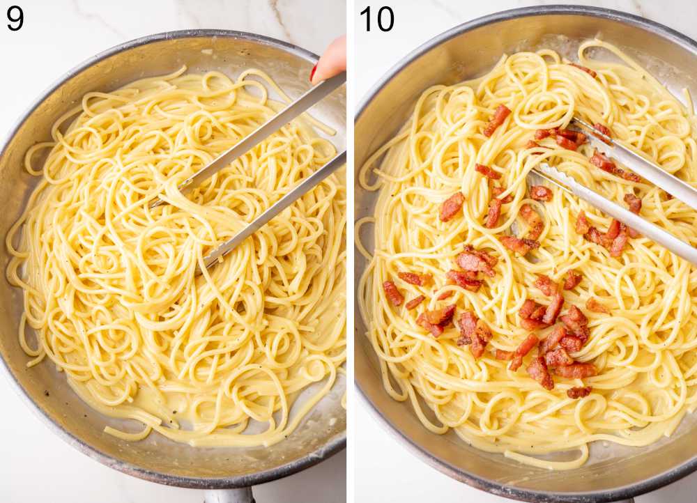 On the left, the sauce is mixed with the spaghetti, creating a creamy coating. On the right, crispy guanciale pieces are added to the dish, completing the carbonara.