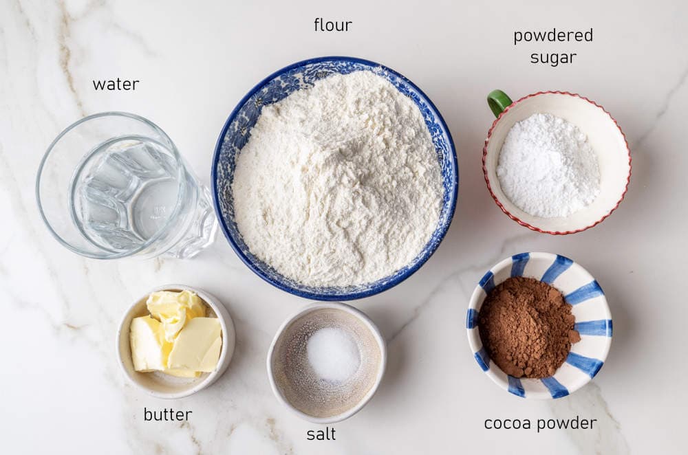 Labeled ingredients for chocolate pierogi dough.