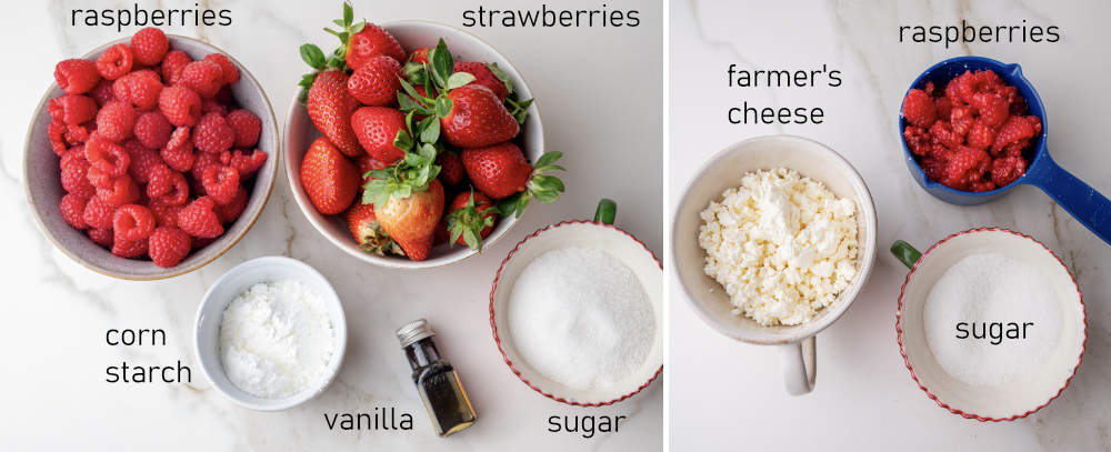 Labeled ingredients for fruit filling and fruit and cheese filling for pierogi.