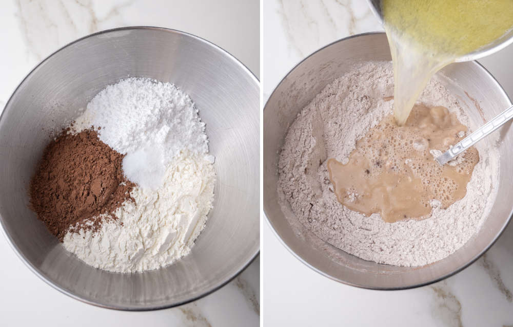 The left image shows a metal mixing bowl with dry ingredients, including flour, cocoa powder, powdered sugar, and salt. The right image shows the same bowl with the dry ingredients mixed, while melted butter and liquid are being poured in to form the dough.