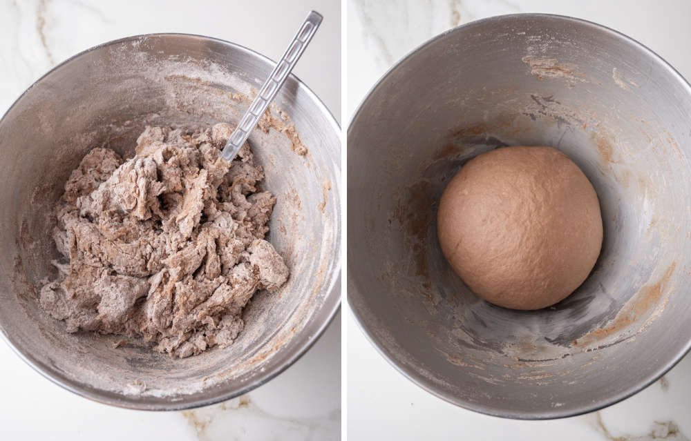 The left image shows a metal mixing bowl with rough, partially mixed chocolate dough and a spoon. The right image shows the same bowl with the dough fully kneaded into a round ball.