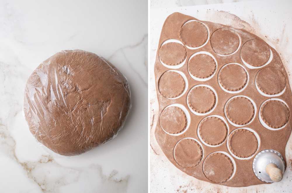 The right image shows rolled-out cocoa dough with circular shapes cut out using a round cutter. The left image displays a ball of chocolate dough wrapped in plastic wrap.