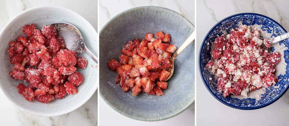 The picture shows three bowls. The left bowl contains raspberries mixed with sugar. The middle bowl chopped strawberries with sugar. The right bowl a mixture of raspberries, sugar, and crumbled white cheese.