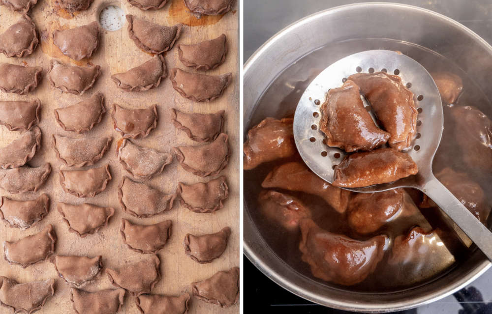 The left image shows a wooden board filled with freshly assembled, uncooked chocolate pierogi. The right image shows a slotted spoon lifting a few cooked pierogi from the simmering water.