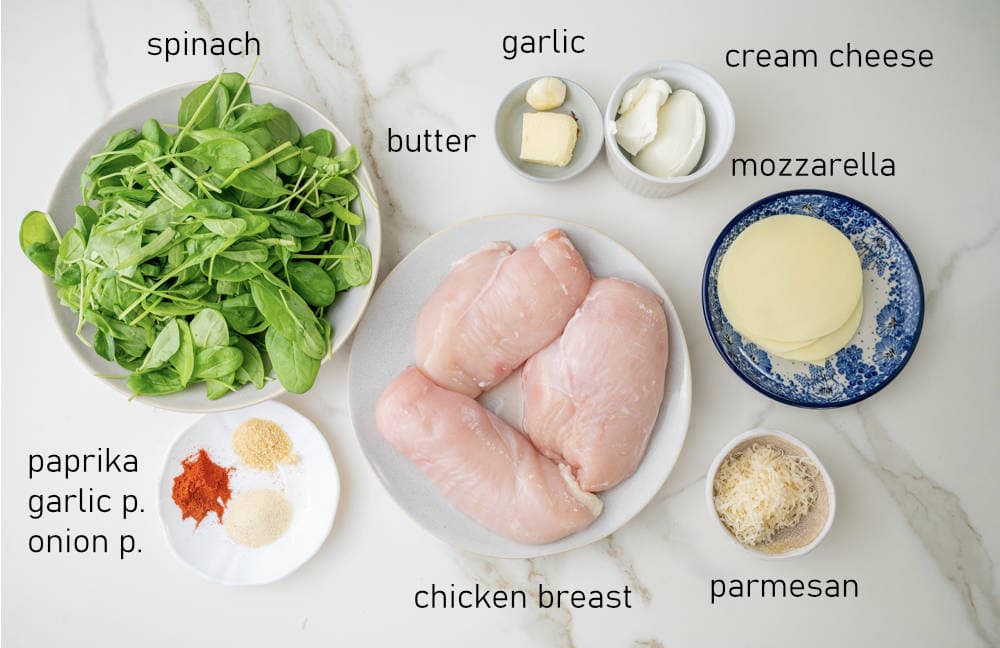 Labeled ingredients for spinach stuffed chicken breast.