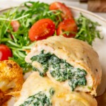 Spinach stuffed chicken breast pinnable image.