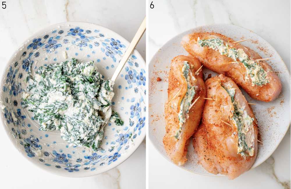 Spinach and cheese filling in a bowl. Chicken breasts stuffed with spinach and cheese filling on a plate.