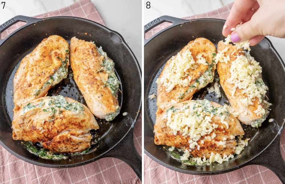 Seared and stuffed chicken breasts in a cast iron pan. Stuffed chicken breasts are being sprinkled with cheese.